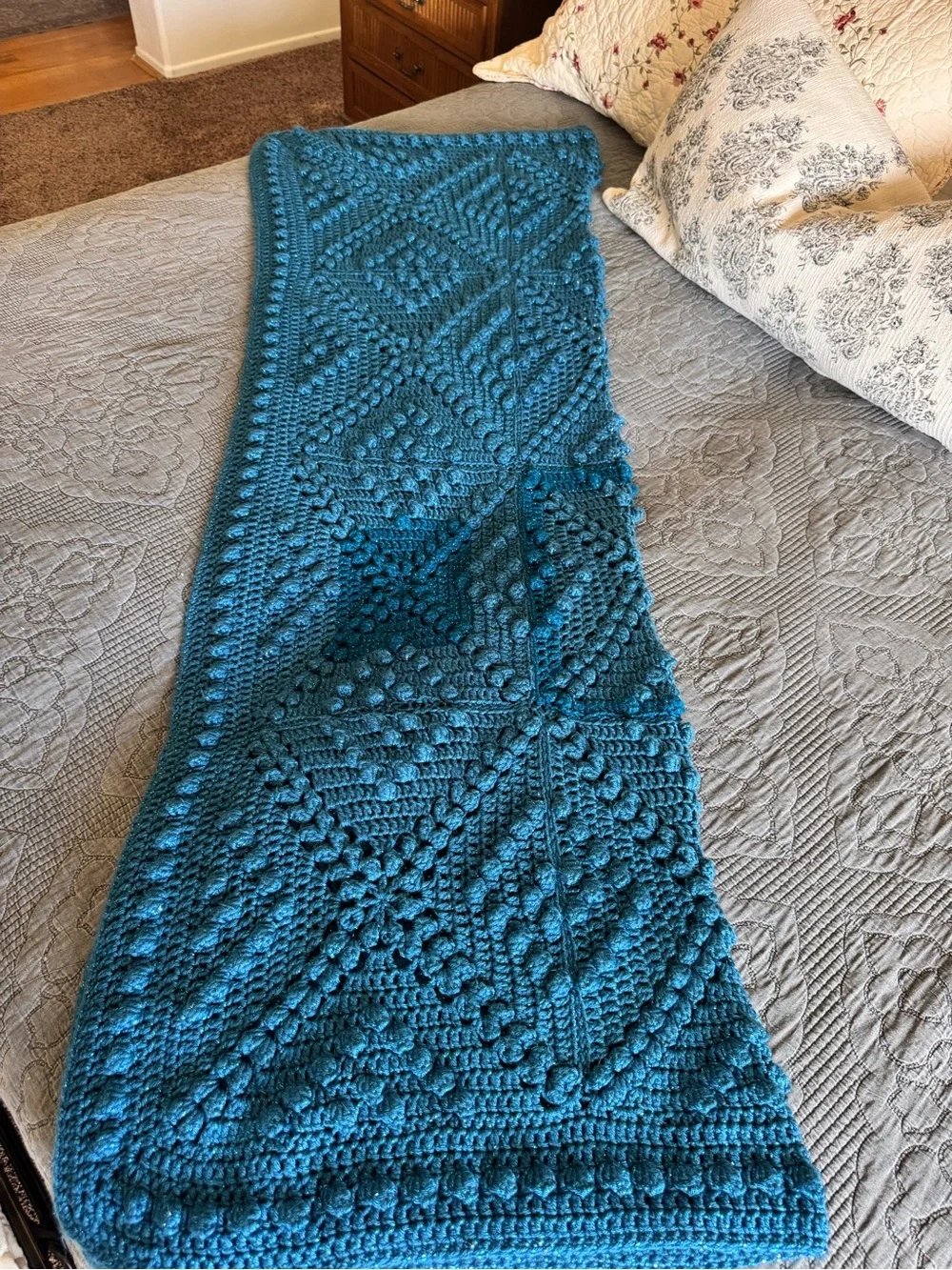 Handmade Blue Sparkle Crochet Afghan Blanket Textured Square Motif Boho Throw